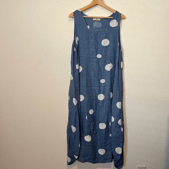Lands Downunder Blue Polka Dot Chambray Linen Sleeveless Midi Dress Size Large - Picture 2 of 6